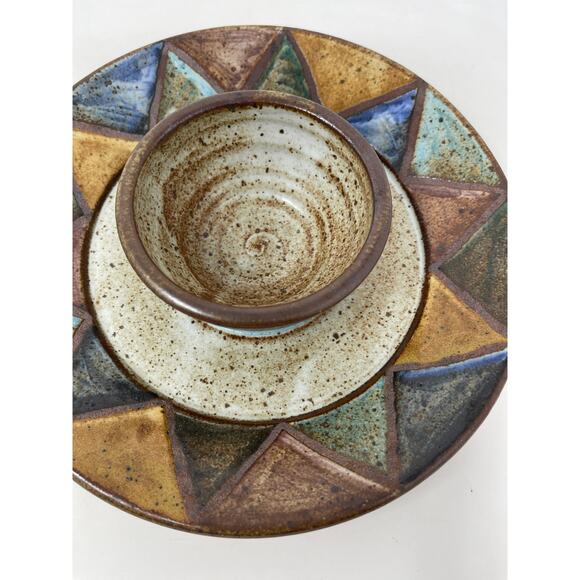 Chip & Dip Serving Dish Studio Art Pottery Handmade Bohemian Earthy Design 8.5" - Picture 5 of 10